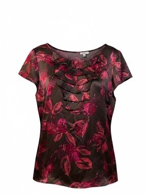 Ruffled Scoop Neck Floral Blouse - Black & Magenta NWOT
